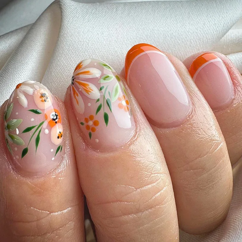 

24Pcs/Set False Nail Elegant orange flowers Fake Nail Tips Full Cover Acrylic False Nails Decoration For Nail Tip Beauty