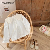 freely move girls lapel blouse with flared sleeves shirt long sleeve spring cotton lace children girl tops blouse kids clothes