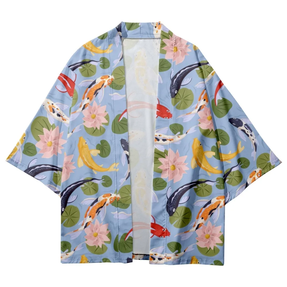 Топы с принтом кои Harajuku Haori Yukata Chinoiserie модное японское кимоно уличная одежда