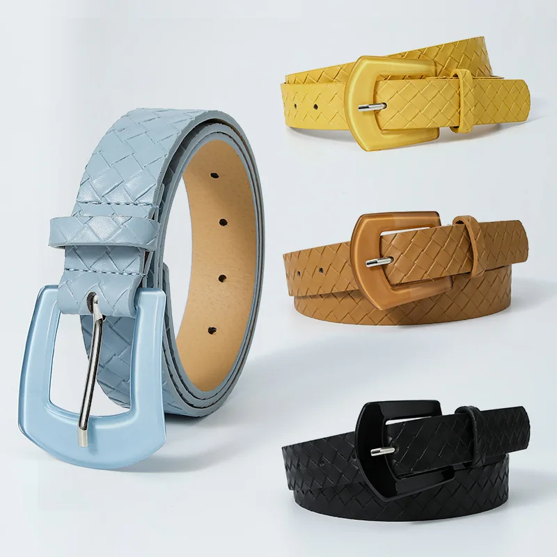 Candy Color Resin Buckle Casual Belt for Women Imitation Woven PU Leather Belt Female Straps Waistband for Apparel Accessories