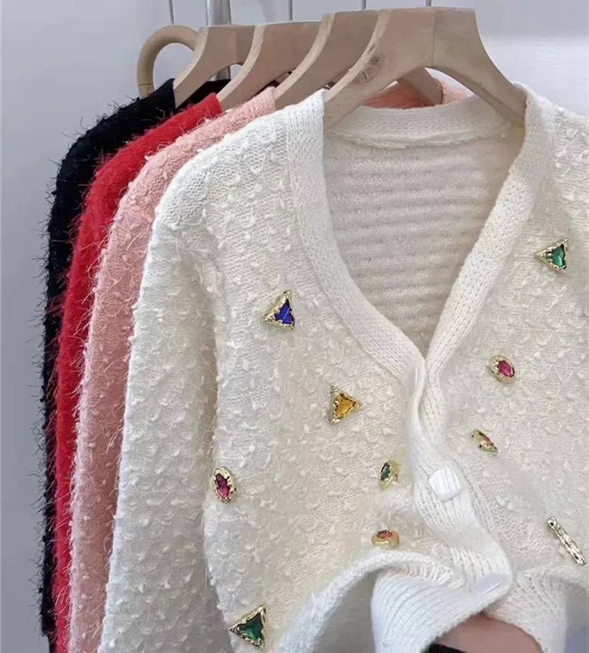 Женский вязаный кардиган с бриллиантами однобортный короткий свитер красного