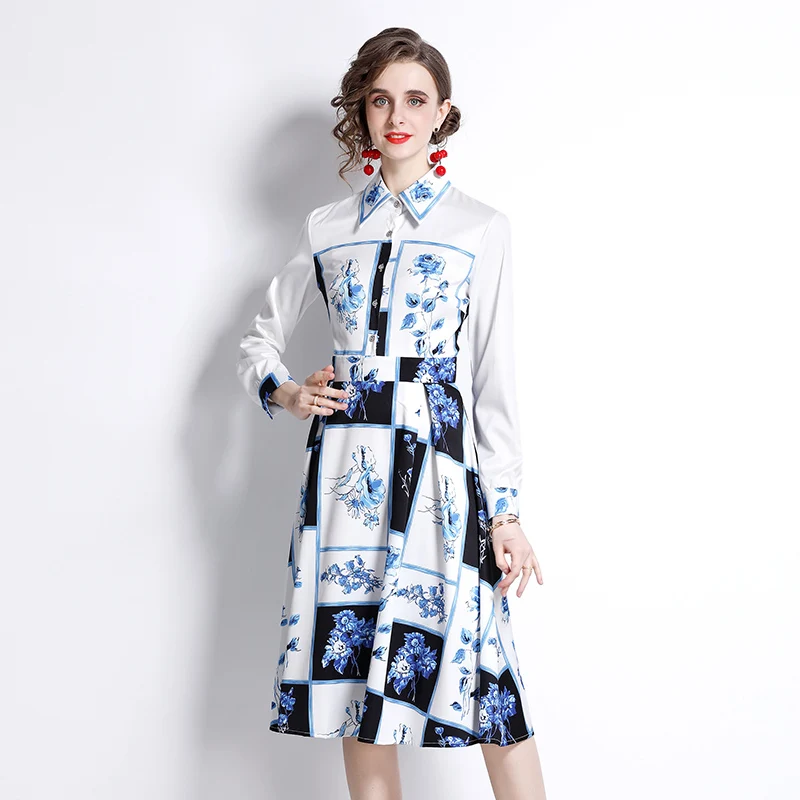 

Women Turn-down Collar Floral Printed Shirt Dress Long Sleeve Elegant Party Office Lady Vintage Knee-Length A Line Dresses