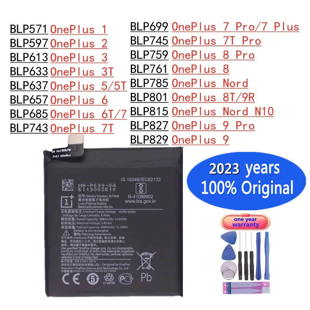 

100% Original Battery For OnePlus 1 2 3 3T 5 5T 6 6T 7 7Pro 7 Plus 7T Pro 8 8Pro 8 Nord 8T 9R Nord N10 9 9Pro Battery Bateria