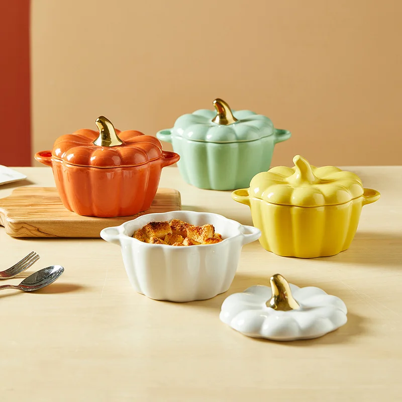 

Ceramic Bowl Exquisite Cute with Lid Binaural Pumpkin Bowl Household Creative Steamed Egg Bowl Soup Bowl Dessert Bowl