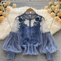 design three dimensional flower lace shirt blouse french lantern sleeve mesh topssleeveless strap vest autumn 2 piece set women