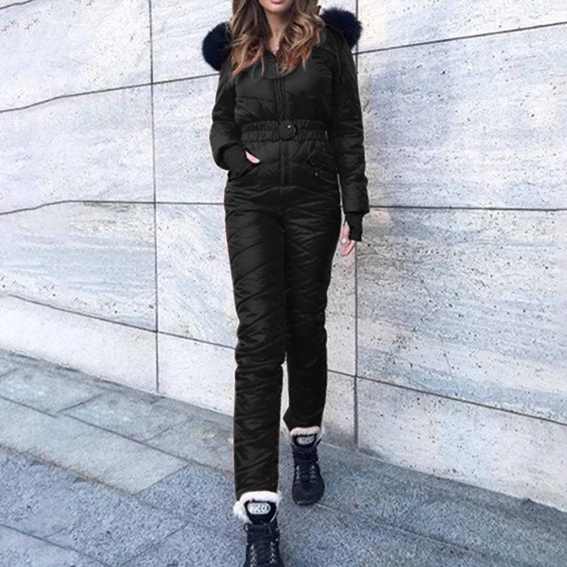 Fashion Winter Hooded Parka Jumpsuit Women Jackets Bodysuit Sashes Jumpsuits Zipper Overalls Tracksuits Women One Piece Ski Suit