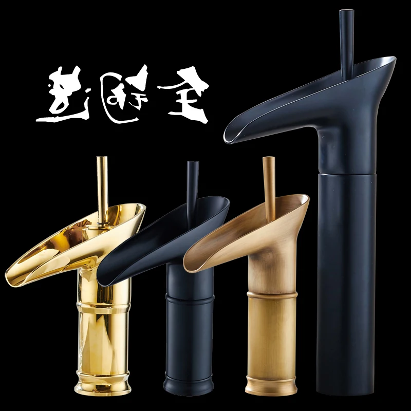 

Hot Copper and Cold Water European Style Art Basin Waterfall Black Gold Retro Faucet on Drop-in Sink
