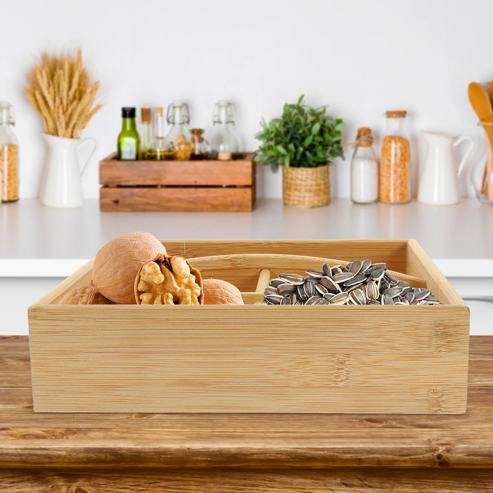 

Handle Divided Serving Case Wooden 4-compartment Dried Fruit Snack Candy Case