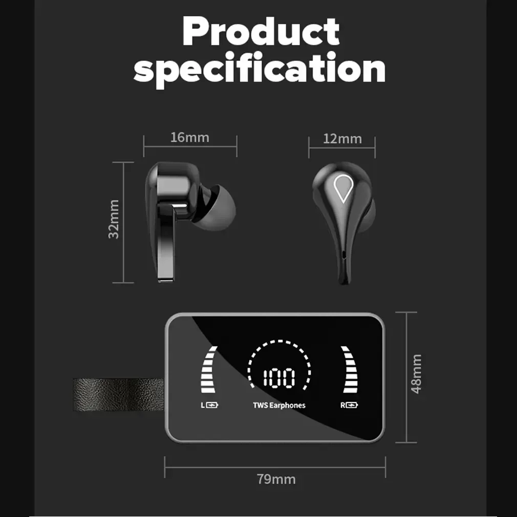 

sease Wireless Bluetooth Headphones HD Mirror Screen LED Display Earphones 9D HIFI Stereo Earbud Headset with 3500mAh Charging B