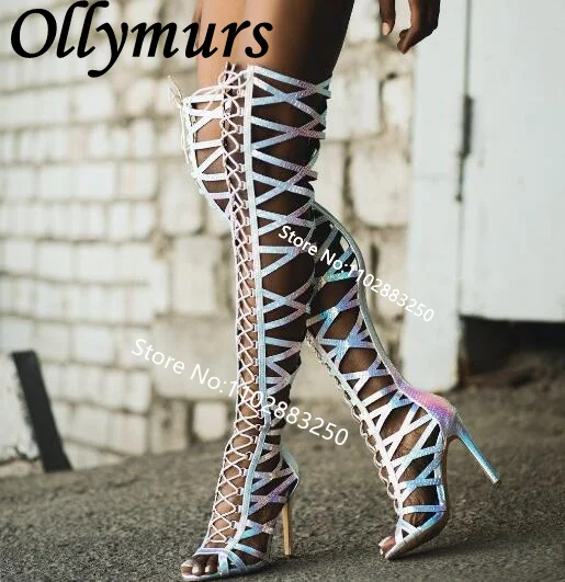 

Ollymurs Holographic Python Lace up Over the knee Strappy Gladiator Sandals Club Party Thigh High Sandal Boots Shoes Women