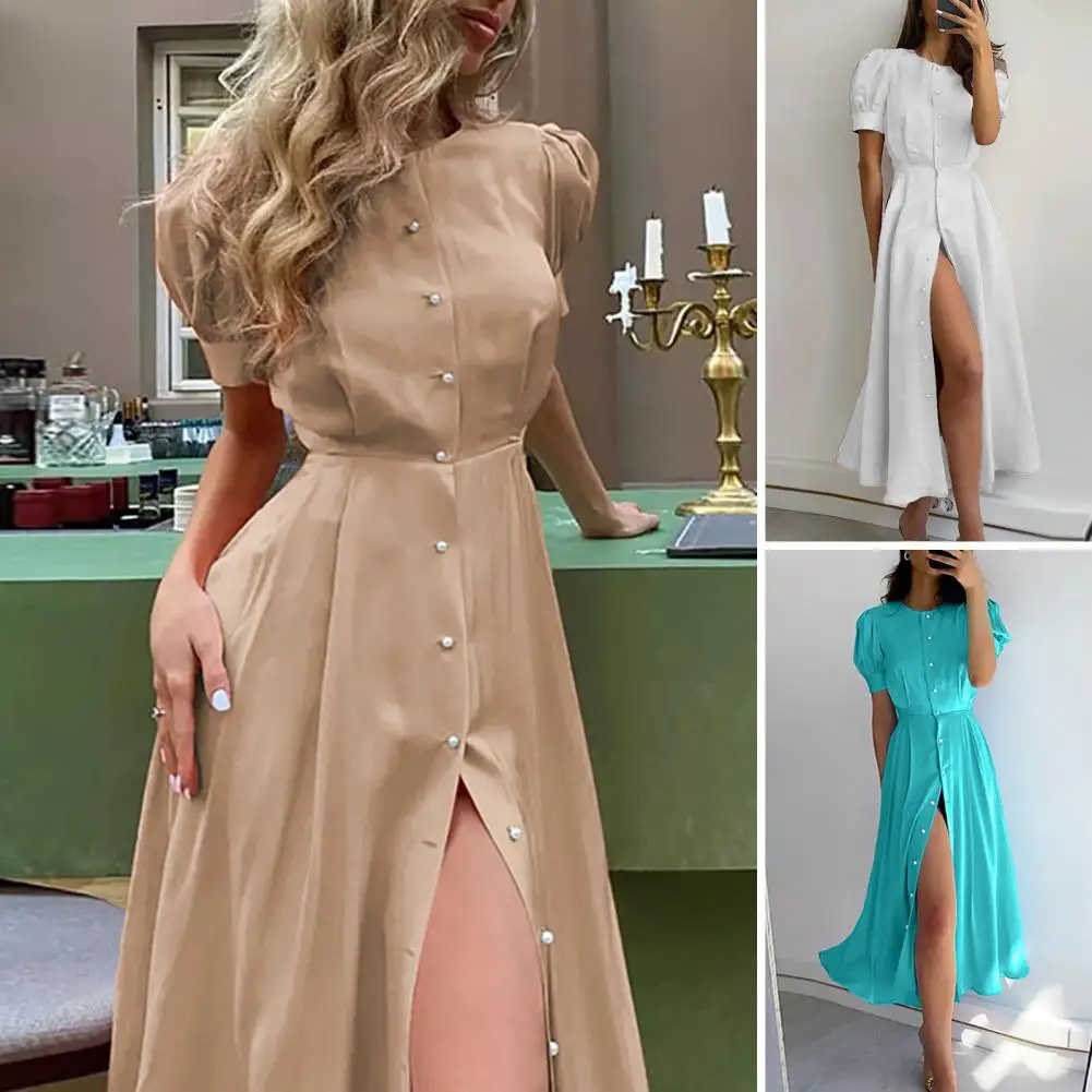 

Women A-line Dress Stylish Women's Summer Party Dress Midi Length Split Hem Short Sleeves Solid Color High Waist Round Neck