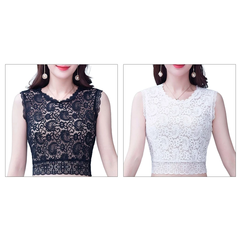 

Women Paisley Floral Lace Sleeveless Detachable Collar Crewneck Half Shirt Blouse Scalloped Trim Fitted Dickey Layering Top