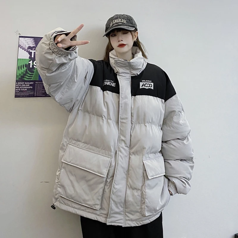 Autumn and Winter New Loose Large Pocket Zipper Tooling Wind Padded Jacket Women's Warm Thick Padded Jacket Student All-Match Co