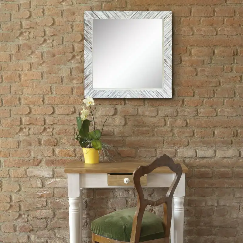 

Luxurious 20" Off-White Modern Square Wood Chevron Wall Mirror for Home and Living Room Decoration and Enhancements.