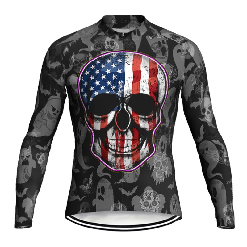 

Skull Pro Long Cycling Jersey Spring Autumn Jacket Lightweight Classic USA Flag Shirt MTB Bike Jersey Ghost Sports Wear Top MAX