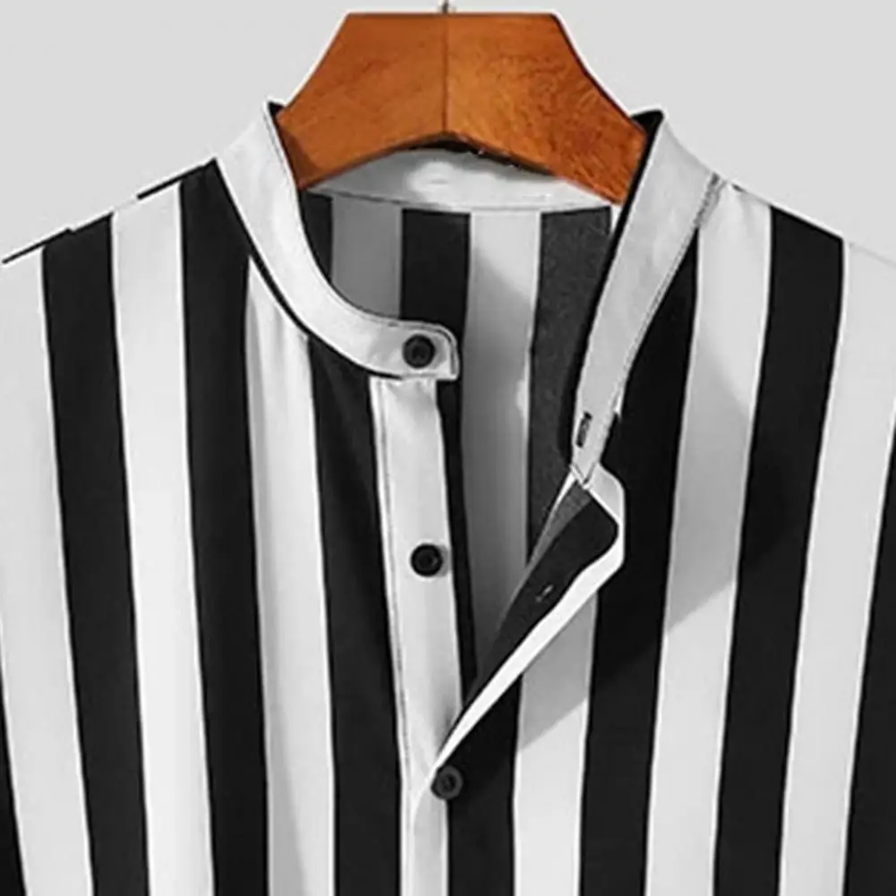 Men Shirt 2022 Short Sleeve Shirt Stripes Pattern All-match Stand Collar T Shirts For Men Sleeve Casual Shirt Blouse Top Рубашка