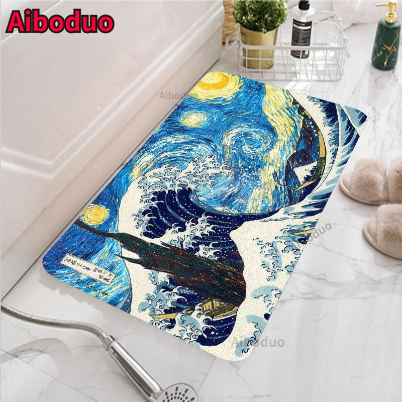 

Oil Painting Art Door Mat Living Room Bathroom Carpet Set Toilet Mat Set Bathroom Non-slip Waterproof Shower Room Mat Bathroom