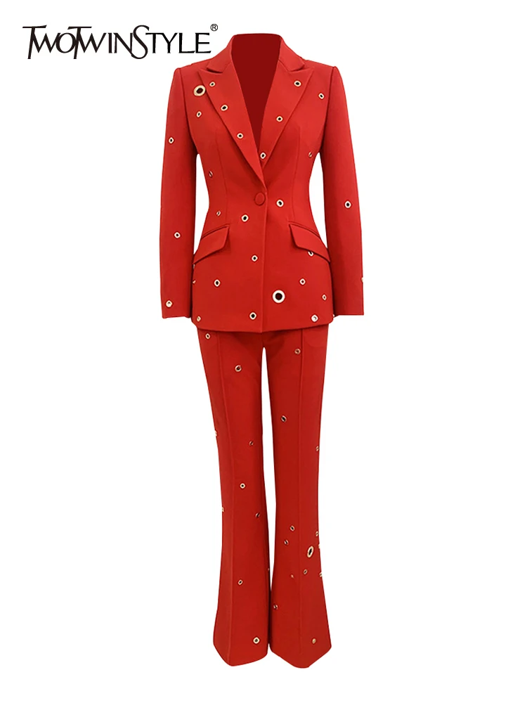 

TWOTWINSTYLE Solid Casual Two Piece Sets For Women Notched Collar Long Sleeve Tunic Blazer High Waist Pant Chic Set Female 2023