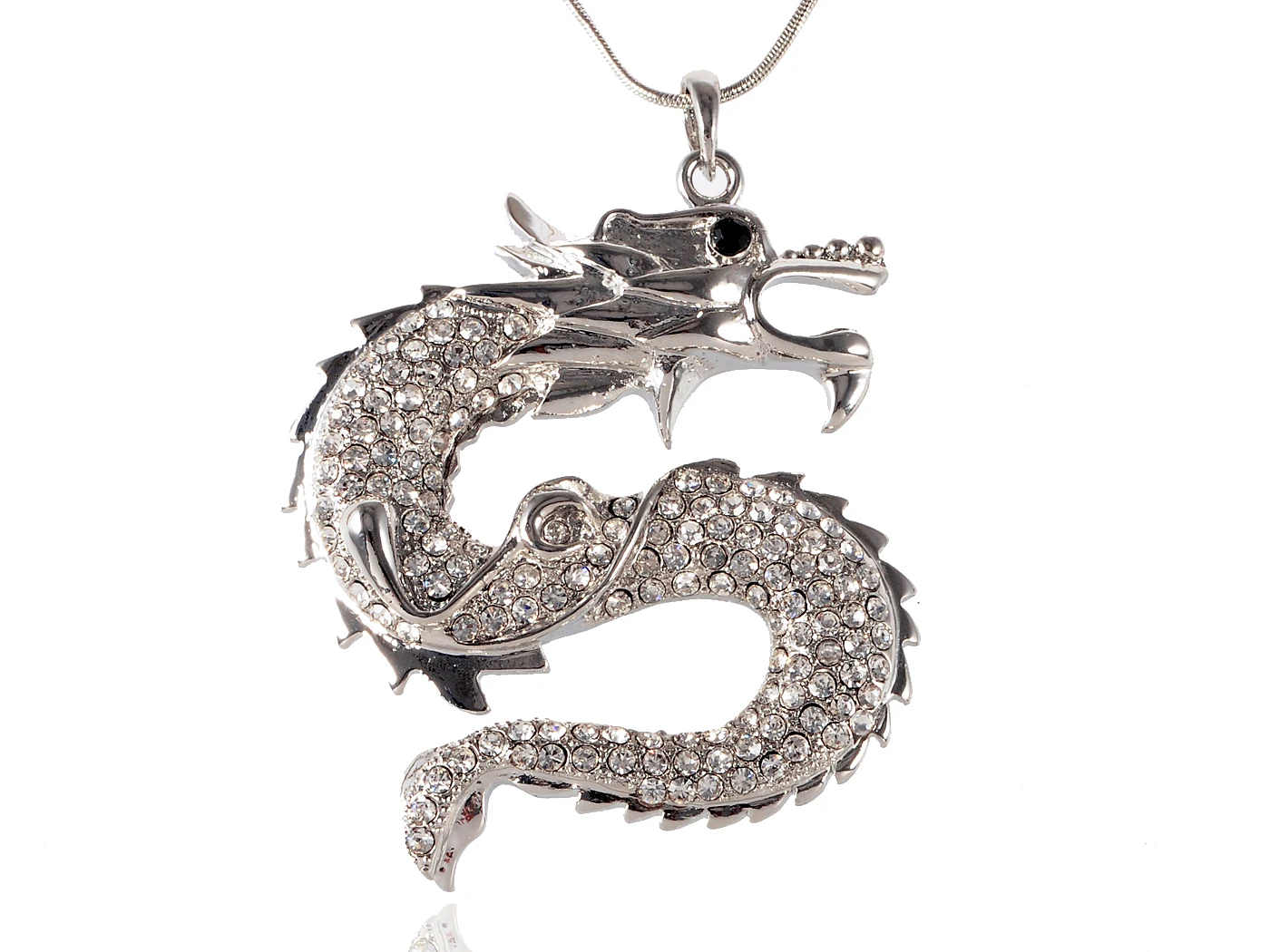 

Silvery Tone Shine Clear Crystal Rhinestones Dragon Animal Pendant Necklace