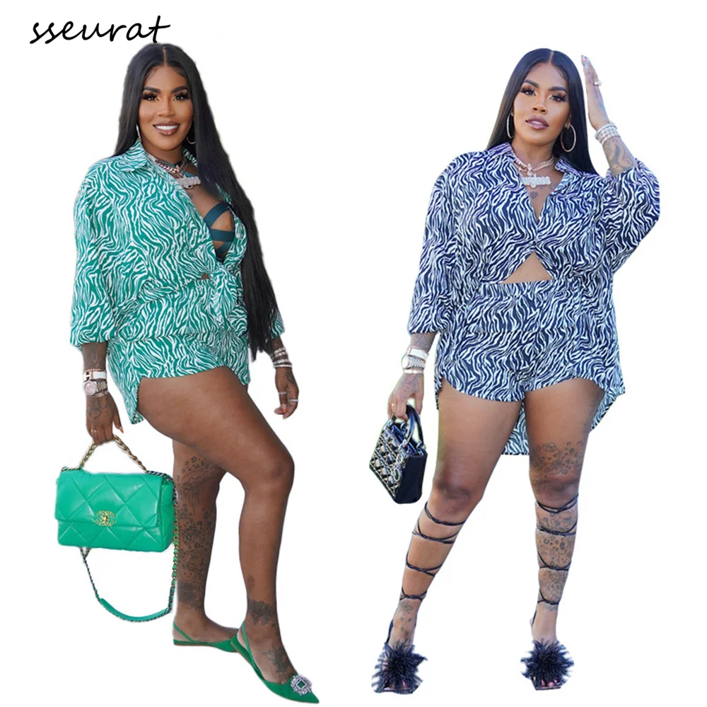 

SSEURAT Street Striped Women Set Single Breasted Long Sleeve Shirts and Shorts Suit Tracksuit Two Piece Set Fitness Outfits