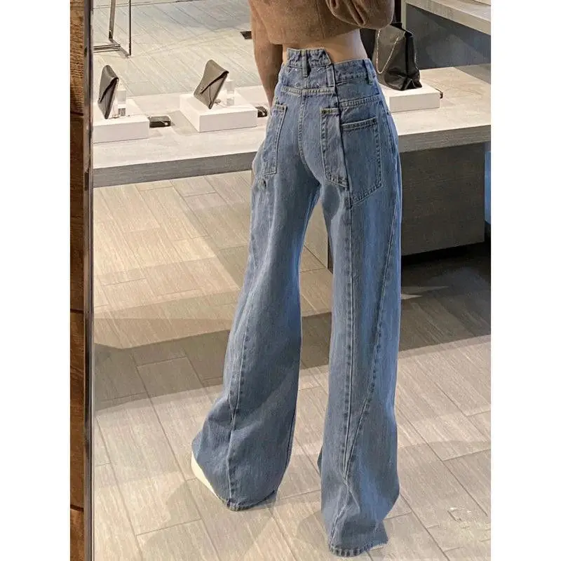 

Модель 2022 года, повседневные весенние женские джинсовые брюки в пол, с завышенной талией и карманами, свободные женские брюки из денима с ши...