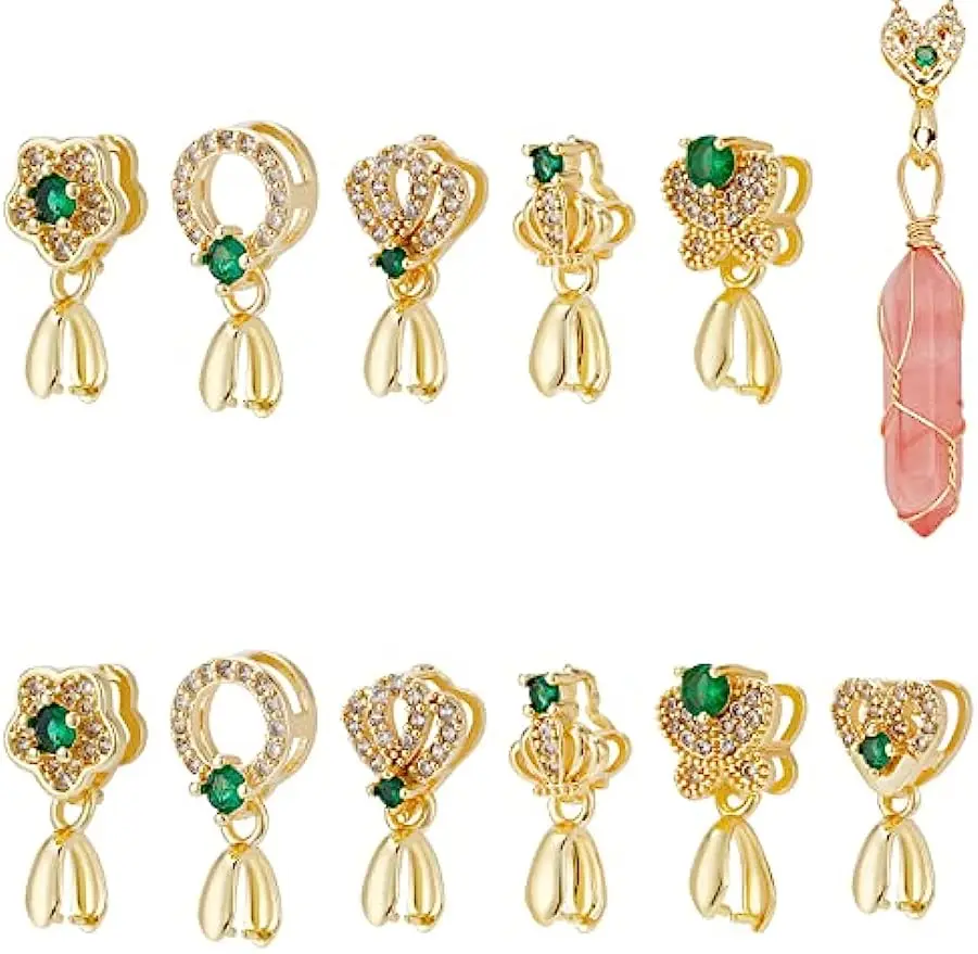 

12pcs 18K Gold Plated Pinch Bails 6 Style Brass Dangle Charms Micro Pave Cubic Zirconia Snap on Bails Pinch Clip Bail Clasp