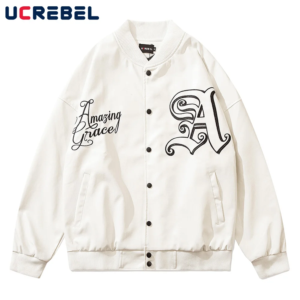 

Letter Embroidery Pu Leather Jacket Mens Winter Streetwear Baseball Outerwear Single Breasted V-neck Casual Baseball Jacket Men