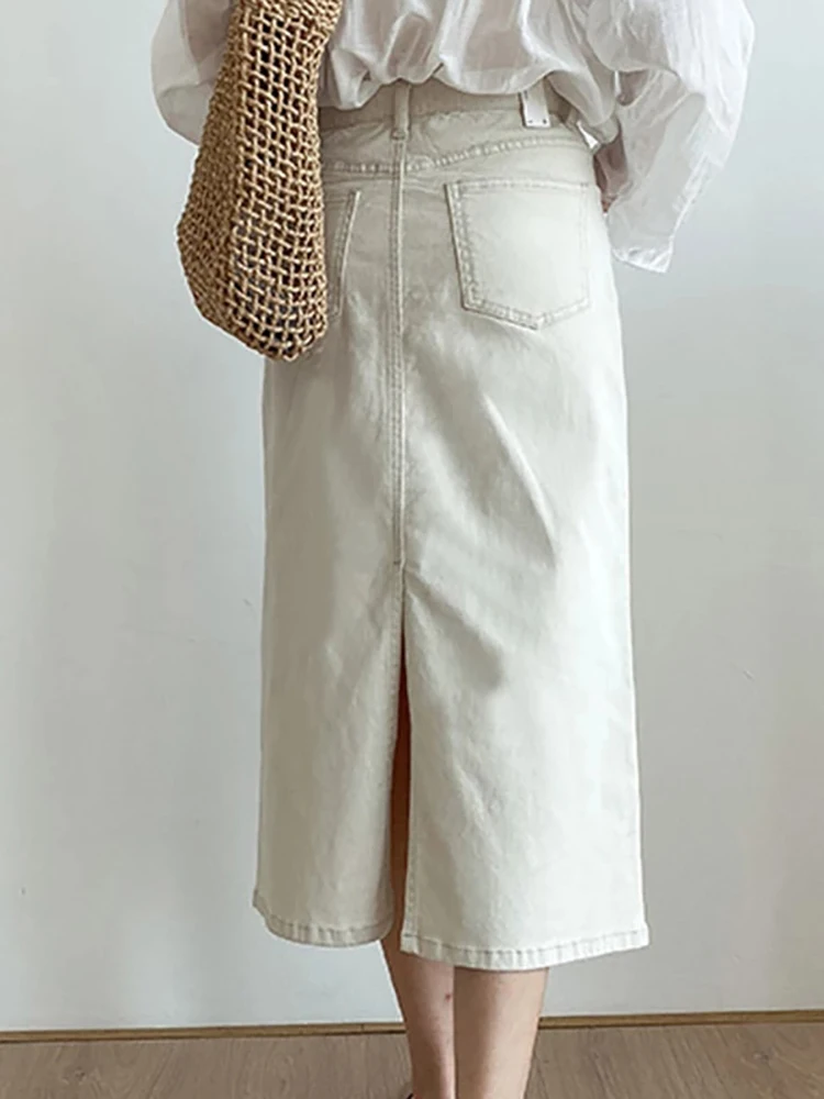 Женская джинсовая юбка-макси с высокой талией разрезом и карманами | одежда