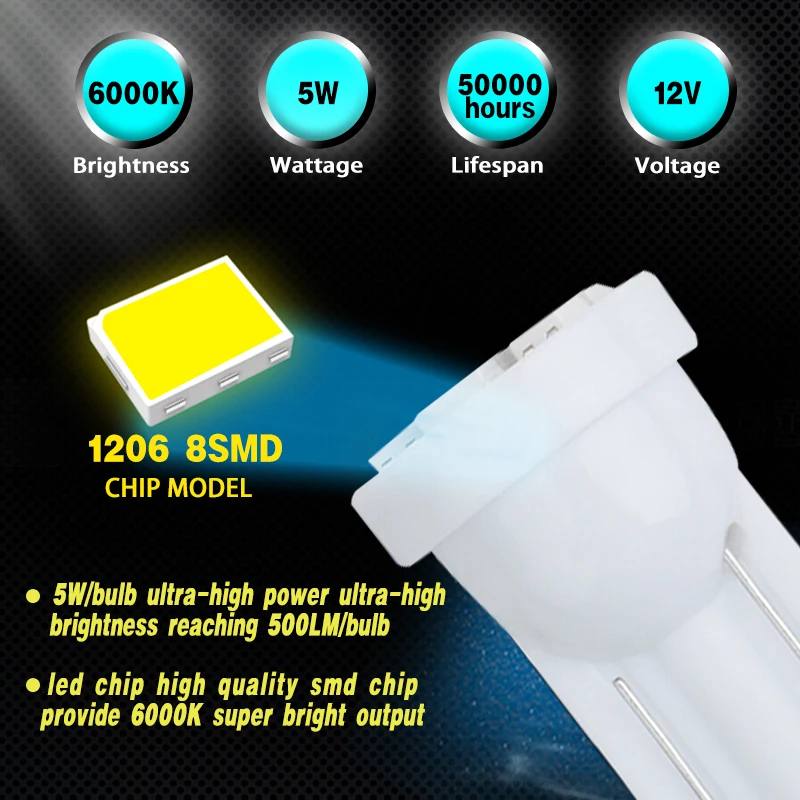 1000 шт. T10 LED 194 168 W5W DC 12 В 1206 8 SMD СВЕТОДИОДНЫЙ ная лампа Освещение номерного знака