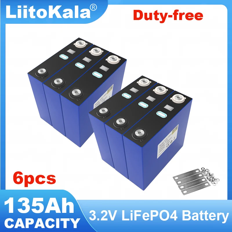 

6pcs LiitoKala 3.2v 135Ah Lifepo4 lithium iron phosphate Rechargeable Battery DIY 12v 24v 36v cycle package RV Camping TAX FREE