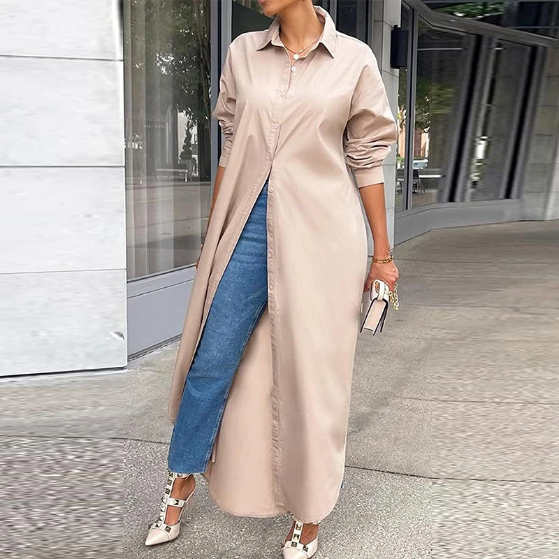 

Elegant Office Turn-down Collar Long Sleeved Dress Fashion Lady Single Breasted Temperament Dress Autumn Casual Maxi Party Dress