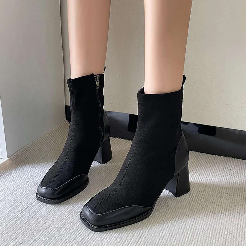 

2023 High Quality Shoes for Women Zipper Women's Boots Winter Square Toe Solid Flock Short Barrel High Heels Fashion Boots
