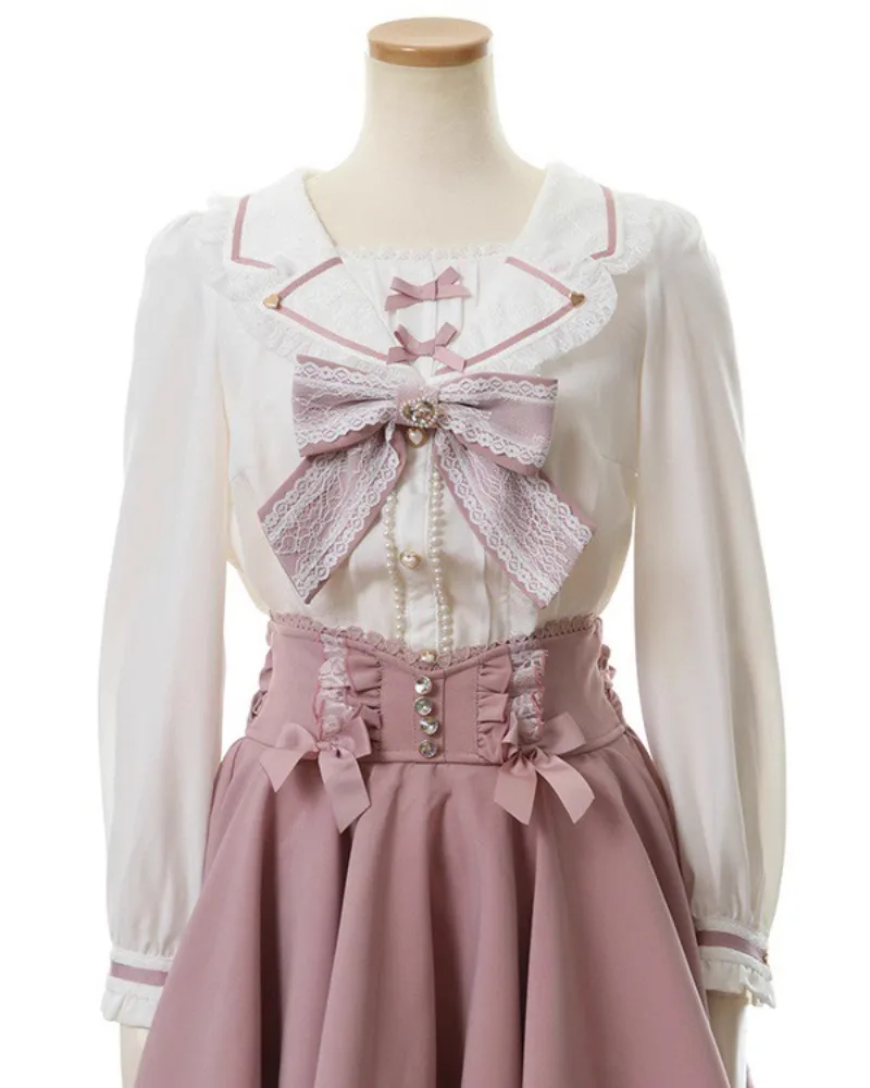 Японская кружевная рубашка с рюшами и рукавами милым бантом для девочек топы