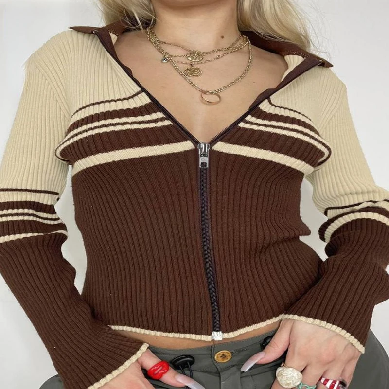 

Милый полосатый свитер Sweetown Y2K, куртки, пальто, Женская приталенная трикотажная одежда на молнии с длинным рукавом, винтажная верхняя одежда...