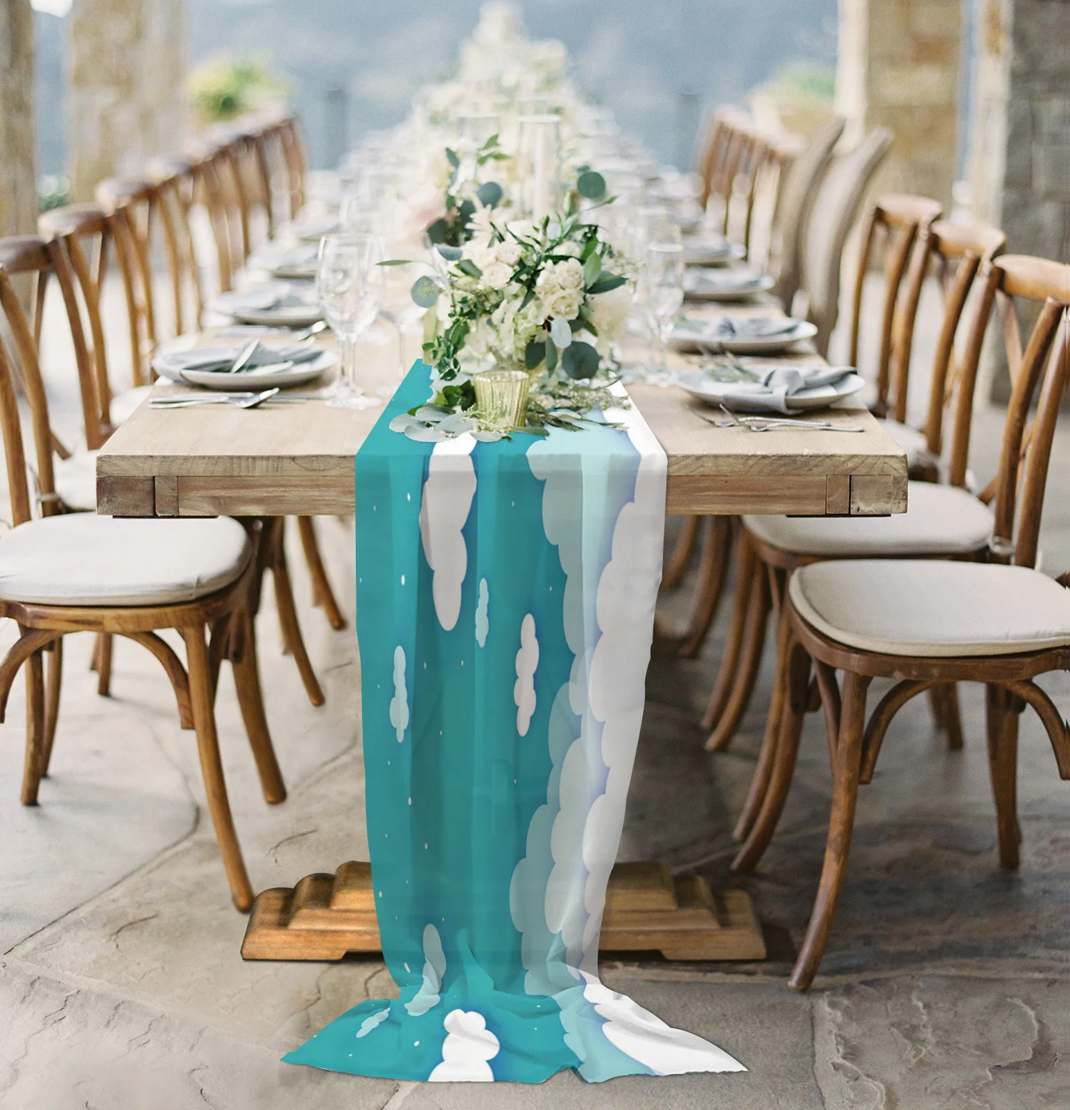 

Paper Cut Cartoon Clouds Stars Sheer Chiffon Table Runner Wedding Party Birthday Luxury Voile Tablecloth Home Decoration