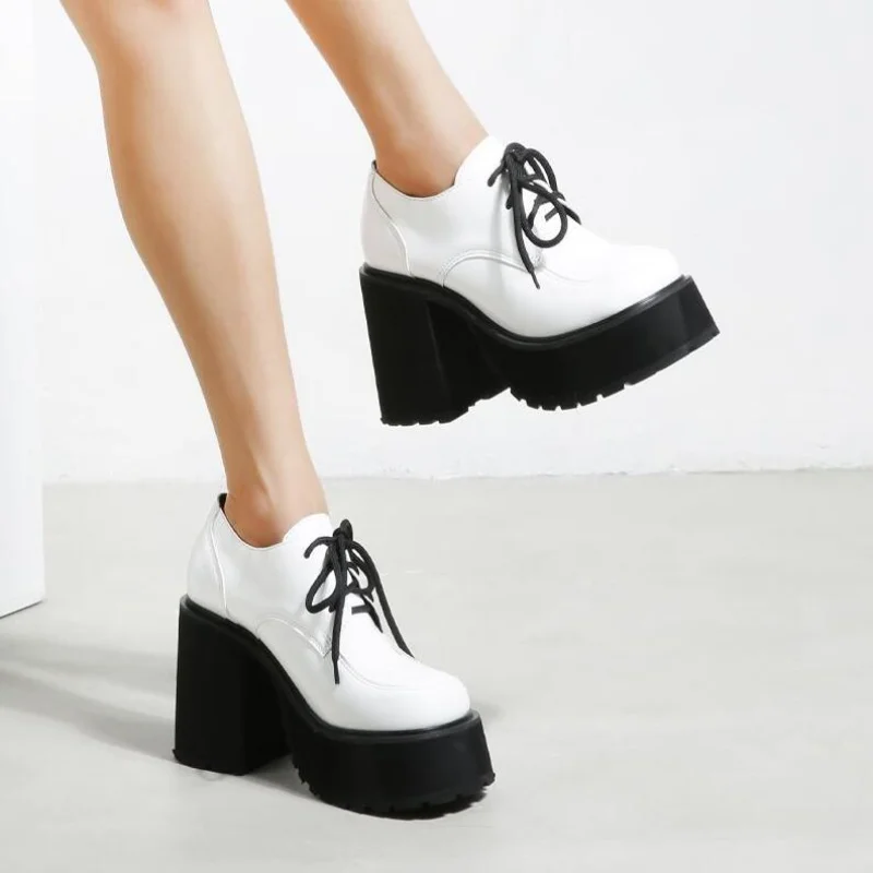 

Женские классические туфли-оксфорды на массивном каблуке, ботильоны на платформе со шнуровкой, искусственная кожа в стиле панк, туфли с закрытым носком в стиле "Лолита", белые