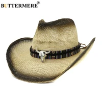 buttermere men sun hat cowboy vintage bull head summer hats women breathable beige bowknot british straw panama hats and caps