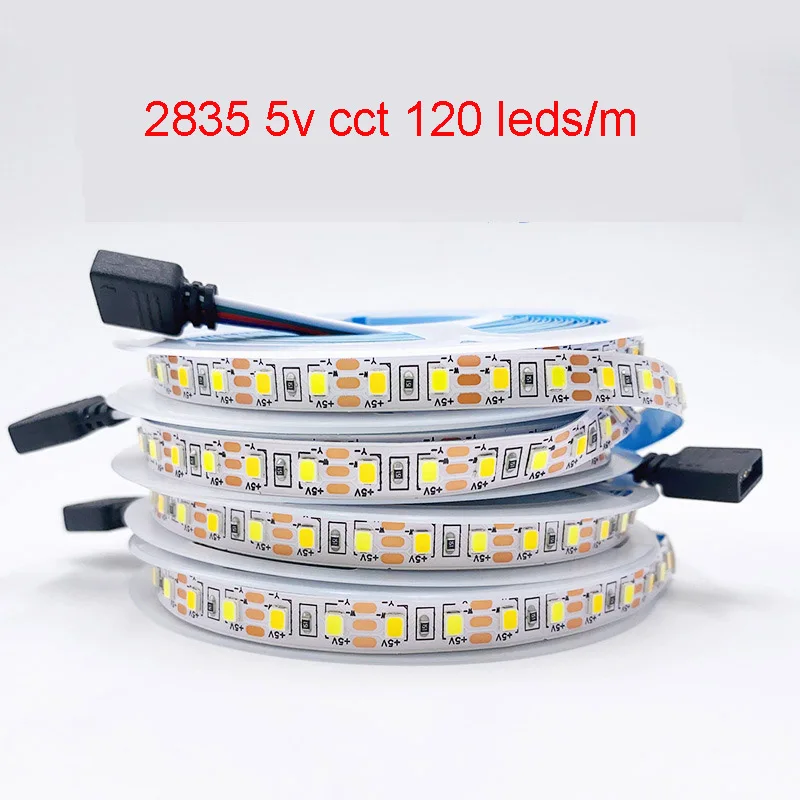 

5m 5V LED CCT Strip 120 leds/m Three Color Temperature Adjustable Flexible 3000k 4000k 6000k Makeup Mirror Cabinet Paint Light