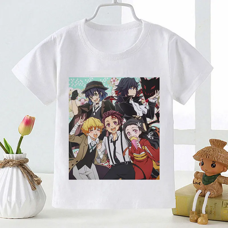 

Anime Graphic T-Shirt Demon Slayer Fashion Thin Children's Clothing Round Neck Loose Top Yellow White Shirt Kids Boys Clothes