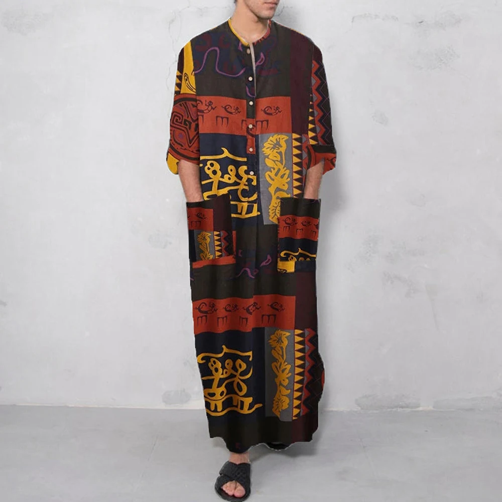 Men Islamic Arab Muslim Robe O-neck Long Sleeve Pockets Vintage Stripes Robes Middle East Jubba Thobe Loungwear S-5XL