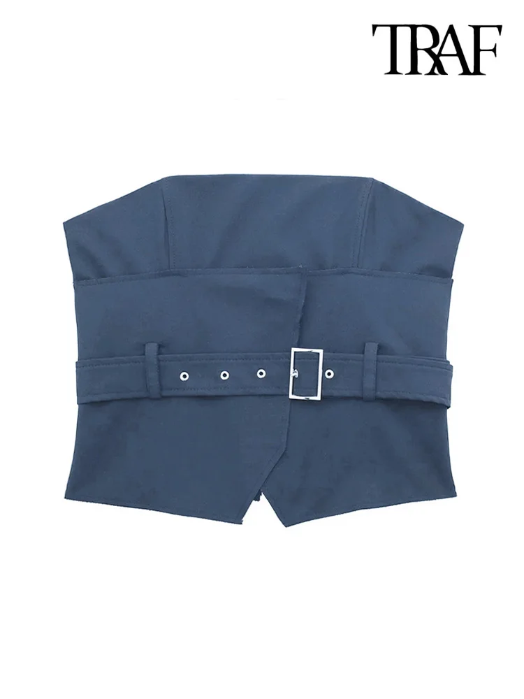 

TRAF Women Fashion With Belt Strapless Crop Bustier Vintage Straight-cut Neck Back Zipper Female Camis Mujer