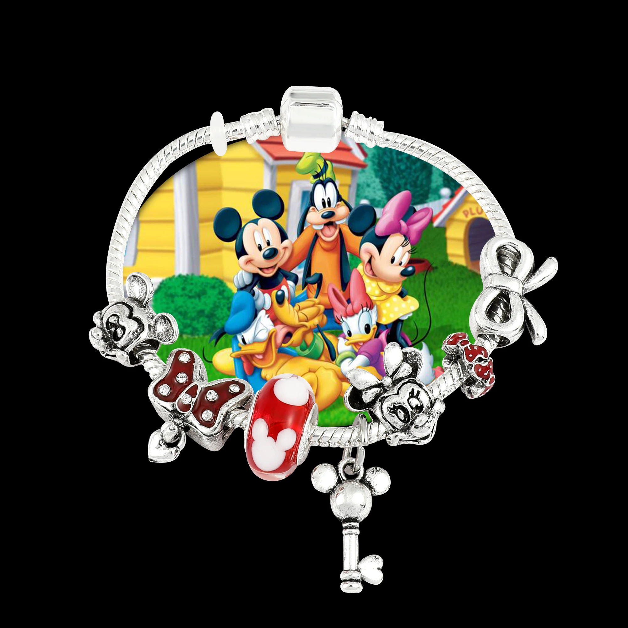 

Cartoon Cute Disney Jewelry Red Crystal Mickey Minnie Pendant Bead Bracelet Silver Color Charm Jewelry Bracelet Pulsera Mujer