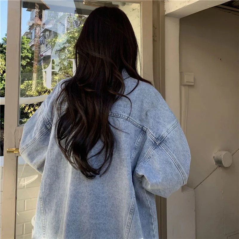 Женская джинсовая куртка с отложным воротником Y2K синяя свободная однобортная