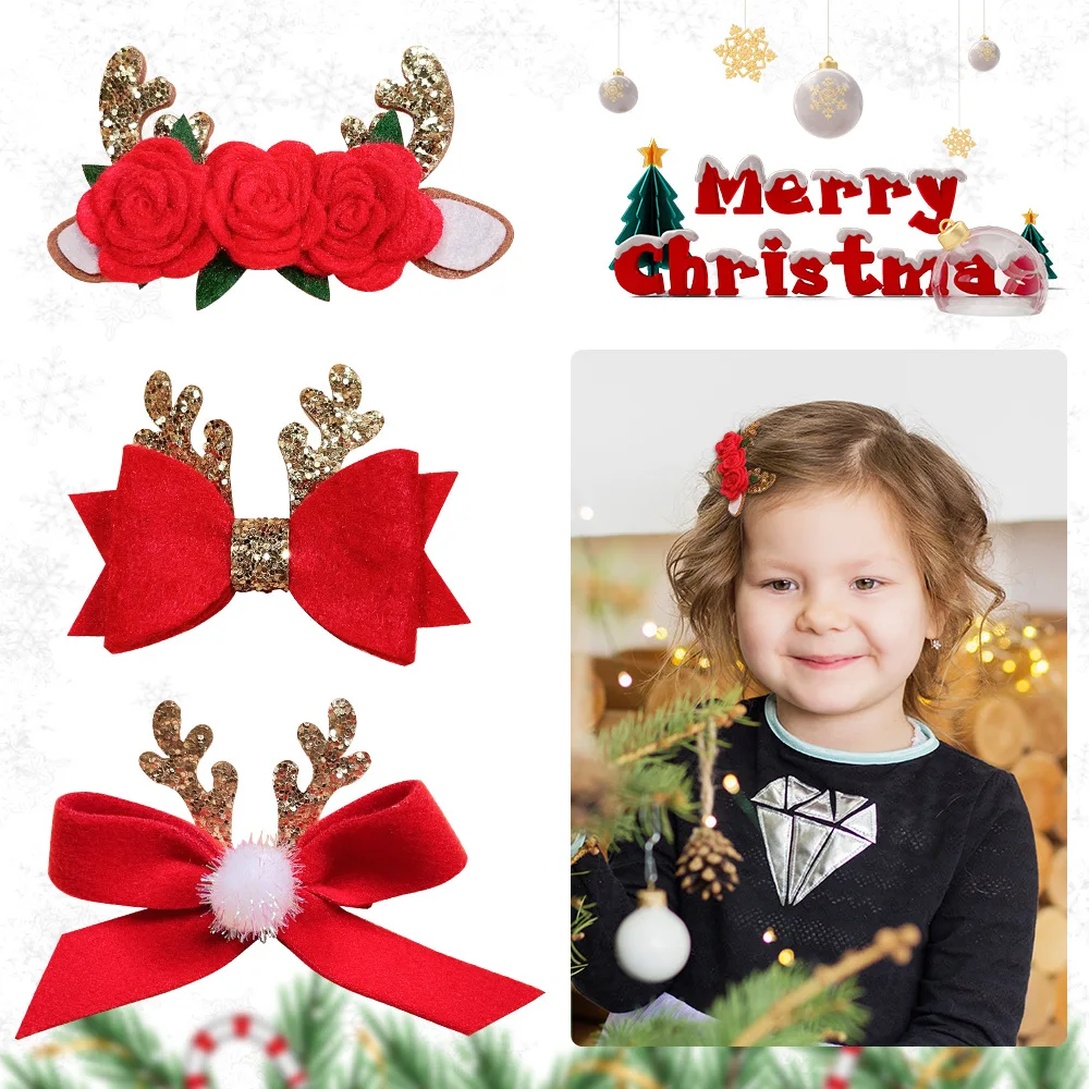 

Christmas Sequins Elk Horn Hairpin Glitter Non woven Flower Hairpin Hairpin Hairpin Hairpin with Ball and Bow Knot Girl Hair Dec