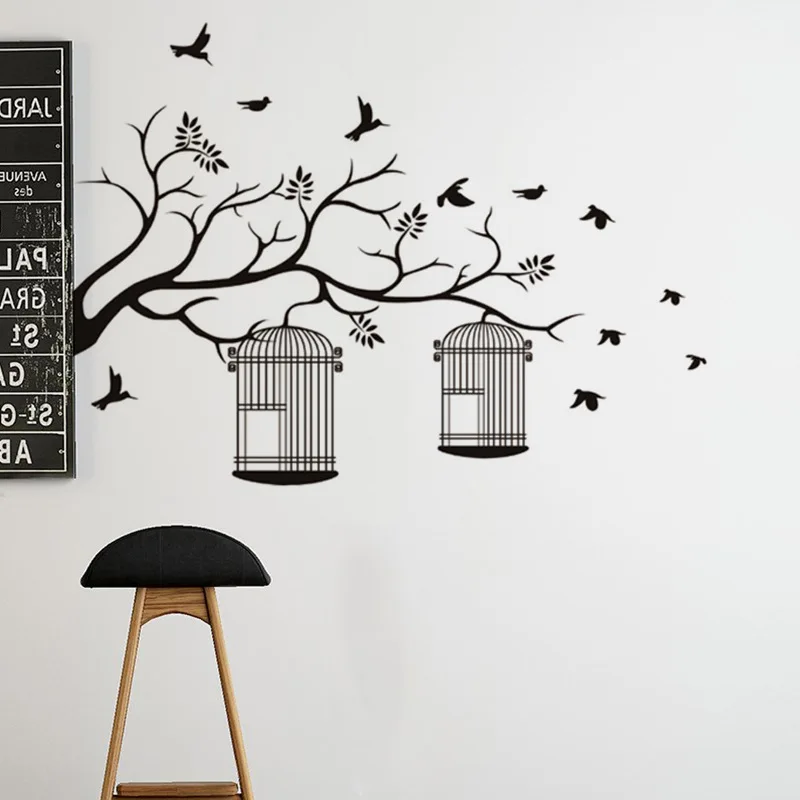 Декоративные самоклеющиеся винилы для стен черное дерево клетка птиц настенные