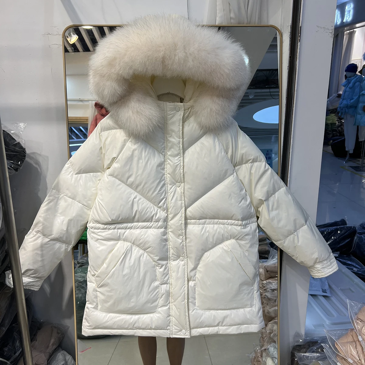 2022 Korean New Winter Down Jacket Women's Fox fur collar Hooded White duck down Coat Fashion Casual  Loose Outwear Warm Parka F