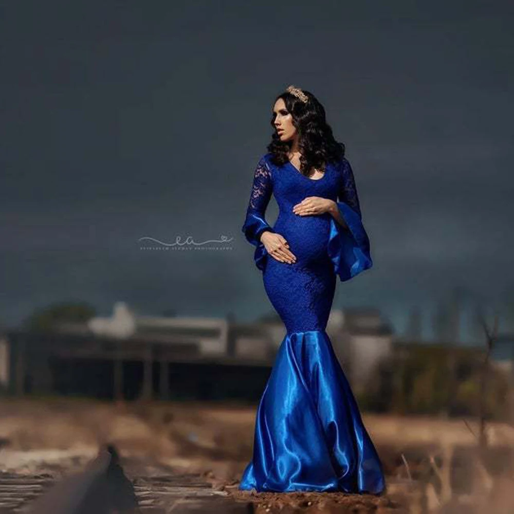 Maternity Dresses for Photo Shoot Blue Ruffles Evening Round Neck Sleeve Lace Stitched Fishtail Skirt Longuette  Vestidos