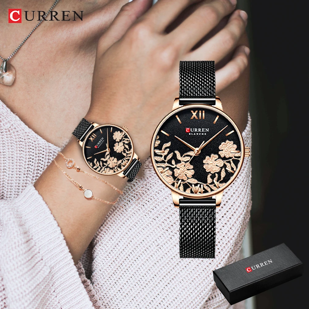 

CURREN 9065 Luxury Women Watch Flower Stainless Steel Mesh Band Quartz Ladies Wristwatch Female Clock Mother's Day girls gift