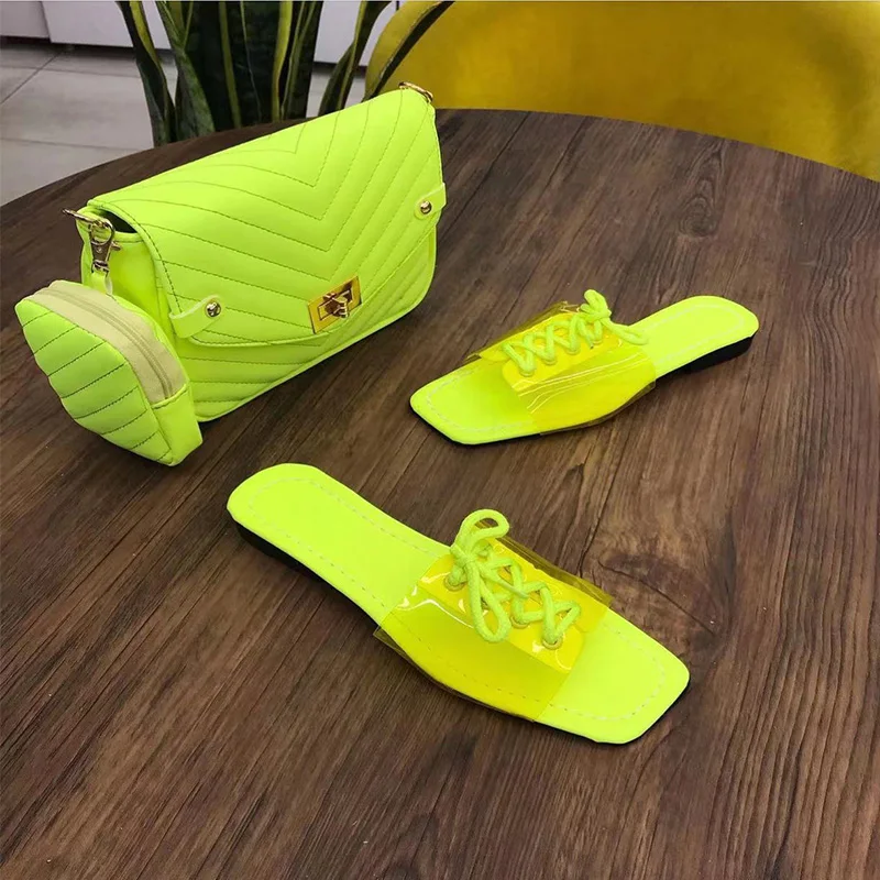 

Summer Solid Color Square Head Plus Size Slippers Women's Shoes Beach Open Toe Flat Sandals Outdoor Casual Shoes Bag Set Slides