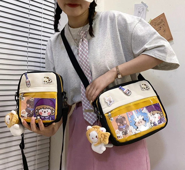 Маленькая женская сумка, милая прозрачная сумка через плечо контрастных цветов, мультяшная Мягкая Милая Студенческая сумка-мессенджер, япо...